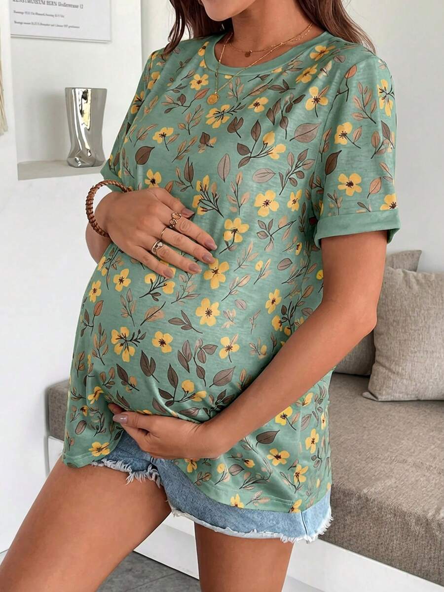 SHEIN Áo thun bầu tay ngắn cổ tròn in hoa, kiểu dáng thường ngày - màu xanh lá - Xem 1