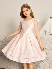 Girls' Princess Dress Flutter Sleeve Tutu Dress, Formal Party Wear, Piano Performance, Suitable For Tween Girl - Pink - View 5