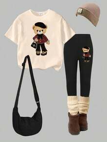 2件套女童休闲创意可爱小熊贝雷帽T恤裤套装，舒适日常穿着，适合春、夏、秋季穿着。 - 彩色 - 查看 4