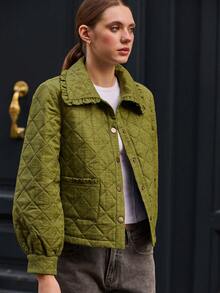 lacRébo Winter Green Quilted Jacket With Ruffled Collar And Button Front Winter Women Clothes Spring Summer  New Year - Army Green - View 7