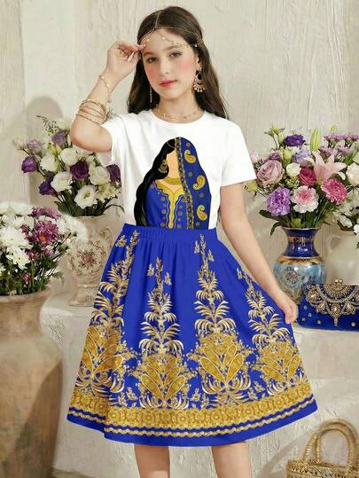 Navy Blue Islamic Gifts Cute Muslim Girl Tween Girls Casual Minimalist T-Shirt Set, Easy Comfort, Vacay Vibes, Spring & Summer Outfits For Easy Comfort, Spring Vibes, Spring & Summer Tee Dress For Baby & Girls Stylish Tween Girl Casual Wear, Spring & Summer Clothes New Style Spring & Summer Fashion Summer Tee Dress