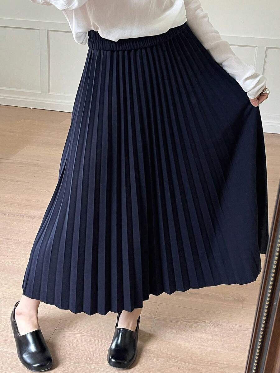 DAZY Women's Elegant Solid Color Pleated A-Line Skirt, Autumn - Navy Blue - View 1