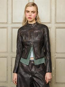 COUREZ Faux Leather Fitted Jacket With Contrast Stitching / Y2K Fall Winter Clothes For Women Oversized Streetwear Brown Jacket Going Out Clothes New Years Party Outfit - Brown - View 4