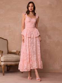 Enchnt 女士优雅荷叶边袖口褶裥腰部提花花朵贴花连衣裙，夏季 - 藕粉色 - 查看 5