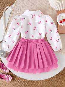 女童象牙色樱花印花长袖翻领衬衫，粉色百褶网纱裙套装，优雅高端秋季度假装扮 - 粉色 - 查看 2