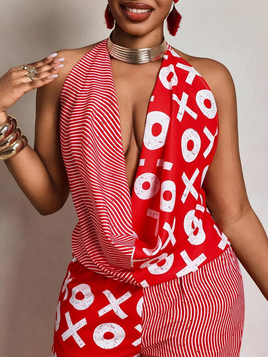 BamGleam Casual Vacation Style Splicing Water Wave Print Halter Backless Tie-Up Top & Elastic Waist Loose Wide Leg Jumpsuit For Women - Red and White - View 1