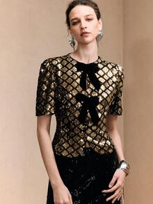 Arave 女士天鹅绒亮片褶皱腰部泡泡袖蝴蝶结设计优雅上衣，适合约会 - 金色 - 查看 4