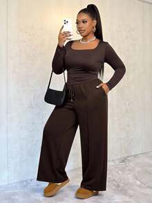 Slaydiva طقم قميص وبنطلون بلون أحادي للمقاسات الكبيرة، كاجوال للخريف/الشتاء - بني - مشاهدة 6