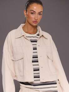 MUSERA Boxy Drop Shoulder Patch Pocket Denim Jacket Coord Top Only Autumn Fall Winter Night Out Going Out Streetwear Cute Back To School Sexy Uncut Spring Y2k Summer - White - View 3