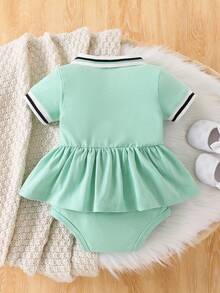 SHEIN 女婴休闲简约翻领字母印花连体衣，春夏款 - 薄荷綠 - 查看 8