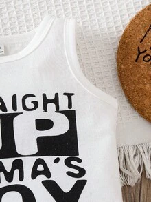 SHEIN 男婴夏季休闲日常通勤街头时尚标语印花背心和条纹短裤套装