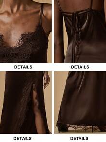 Briarwyn 女士露肩吊带棕色蕾丝拼接高开衩连衣裙，春季，情人节女装，优雅派对礼服，沙滩装，婚礼宾客礼服，婚礼派对礼服 - 深棕色 - 查看 8