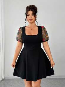 Elenzga Plus Size Women Solid Color Knit Patchwork Mesh Crew Neck Puff Sleeve Waist Cinched Elegant Dress - Black - View 6