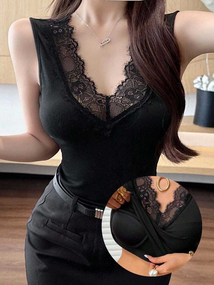DAZY Women's Sexy Slim Fit Lace Patchwork V-Neck White Camisole Tank Top With Built-In Bra, Suitable For Spring And Summer Y2k - Black - View 1