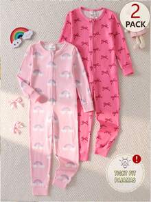 2件套女婴时尚甜美彩虹蝴蝶结设计舒适长袖连体睡衣套装，女婴休闲拉链前开襟贴身连体睡衣 - 粉色 - 查看 7