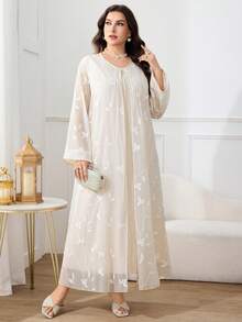 Al Najma 大码女式纯色刺绣优雅长袖阿拉伯风长裙