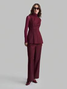 Ontre 女士透视网纱高领长袖上衣，百搭实用，适合都市通勤、商务休闲、约会、度假、婚礼等场合。 - 酒紅色 - 查看 5