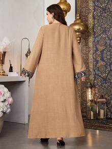 Al Najma Khaki gemusterter Patchwork traditioneller, modischer, vielseitiger, weiter, bequemer Lange Robe für Damen in Große Größen im türkisch/arabischen Stil, Lange Kaftan - Khaki - Übersicht 2