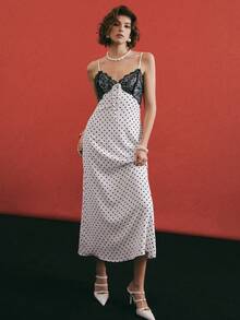 Poéselle 波点印花蕾丝拼接优雅吊带裙 - 黑與白 - 查看 8