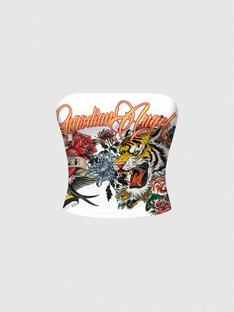 ROMWE Avant Sexy Tiger Musik Festival Rose Blumen Muster Bandeau Top für Frauen