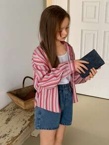 DAZY Tween Girls' Casual Striped Front Button Long Sleeve Shirt, Autumn Spring - Pink - View 2