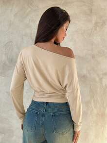 Aloruh Women's Solid Color Asymmetric Neck Ruched Drop Shoulder Long Sleeve Fashion T-Shirt - Apricot - View 4