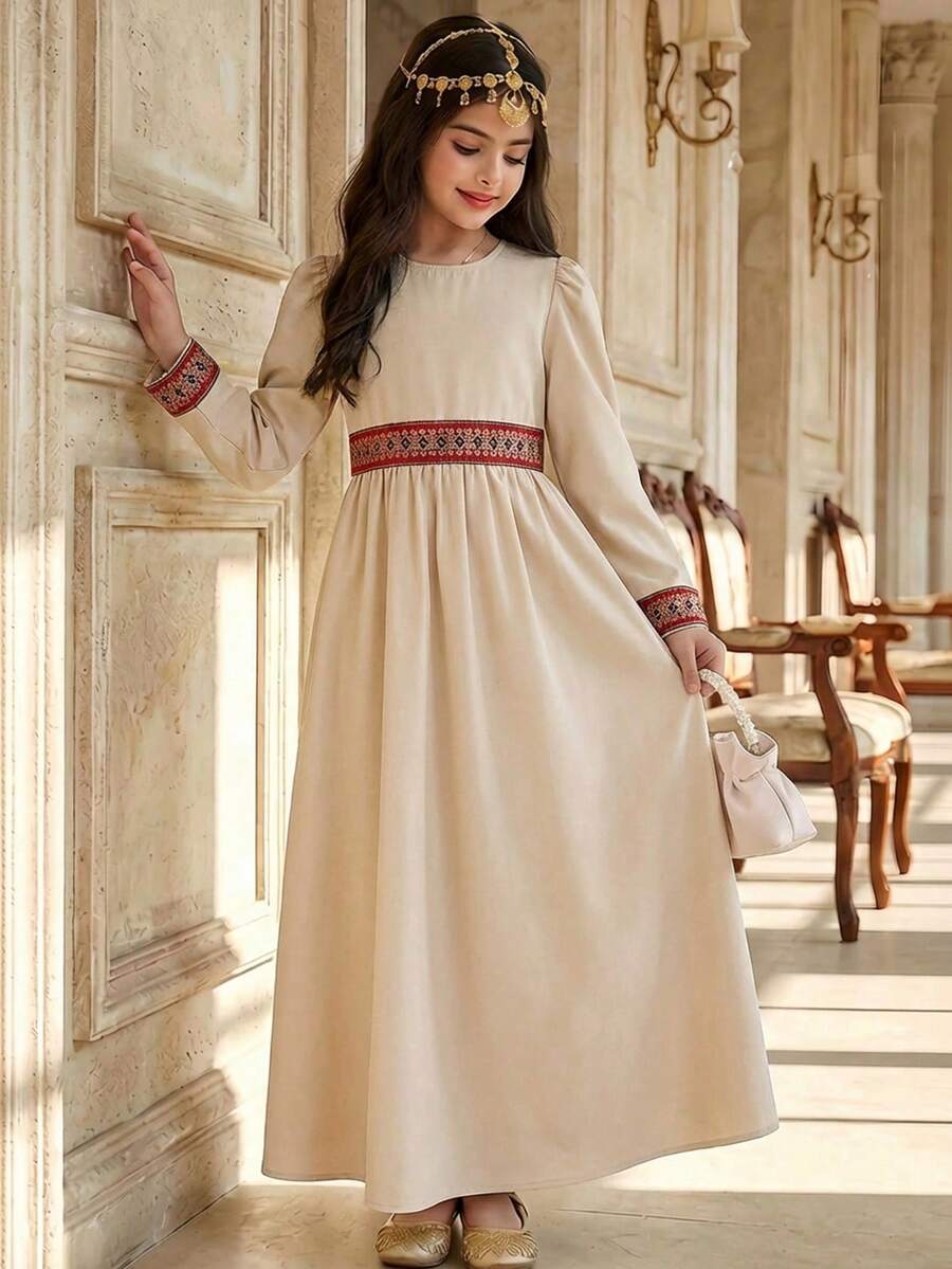 SHEIN 少女卡其色长袖长袍,收腰长裙,中东节日服装,休闲日常百搭中东传统长袍 - 卡其色 - 查看 1