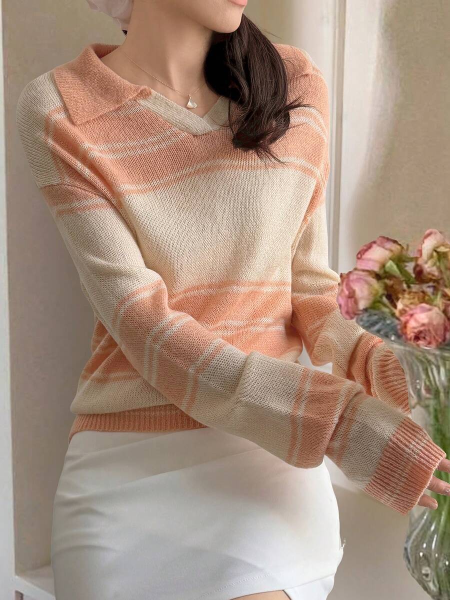 DAZY Striped Collared Cropped Loose V-Neck Sweater For Women - Coral Orange - View 1