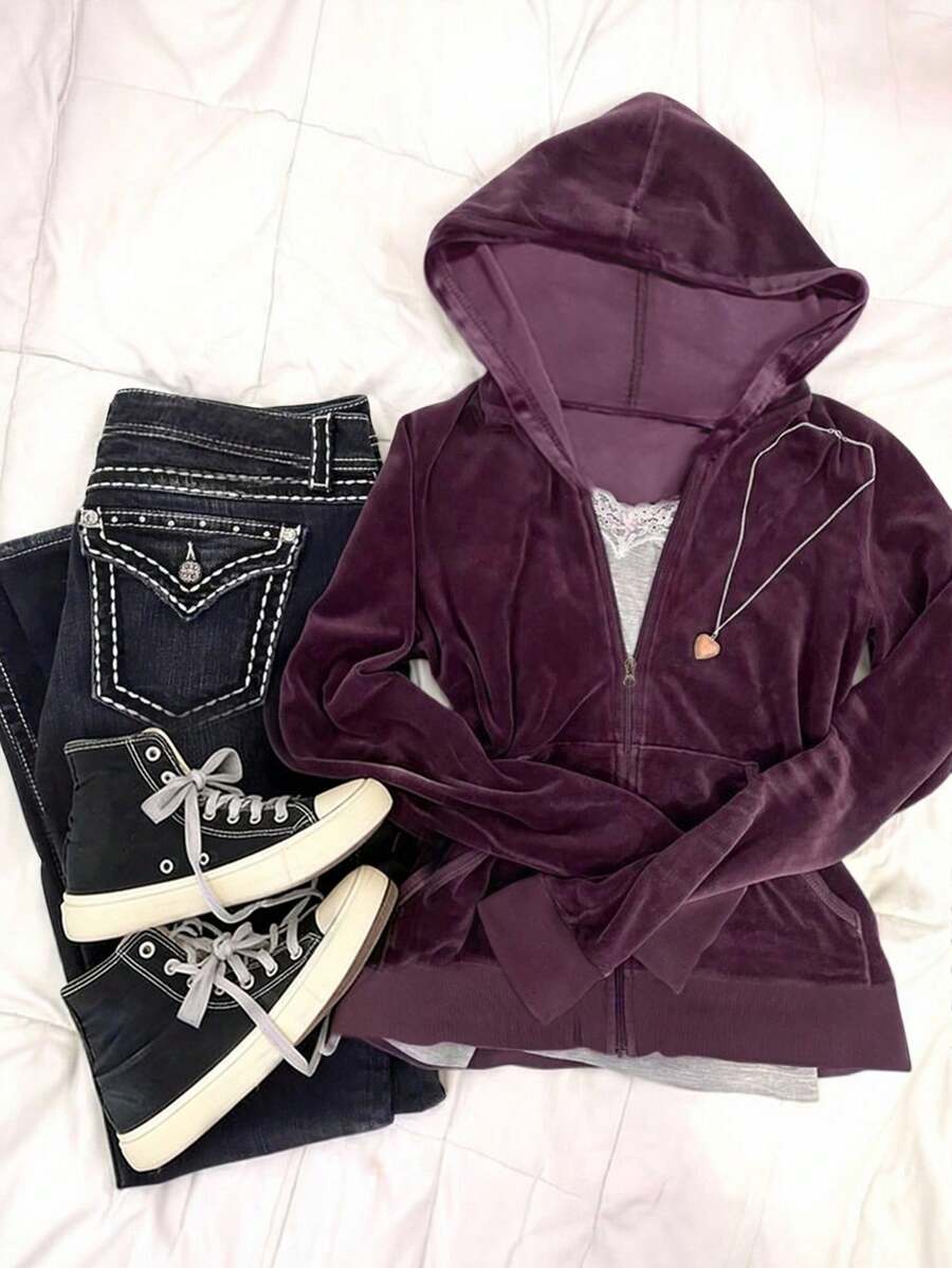 Glimmora Women's Casual Zip-Up Purple Sweatshirt - Purple - View 1