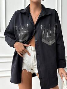 EURMUSE Long Studded & Rhinestone & Hot Drilling Detailed Drop Shoulder Shirt - Black - View 6