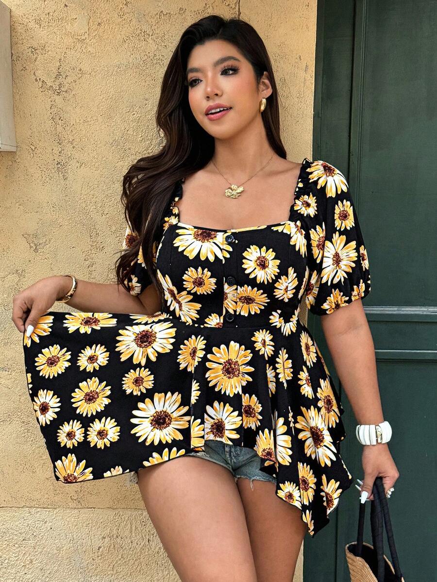 Ceyna Plus Size Elegant Sunflower Print Shirt, Spring/Summer - Black - View 1