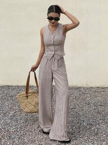 Livesso 两件套：女士条纹V领修身上衣和休闲裤 - 咖啡棕 - 查看 4