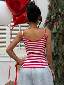 Muchica 女士针织红白条纹字母印花修身吊带背心，适合外出、街头风、Y2K风格、情人节、夏季穿着。 - 紅白色 - 查看 2