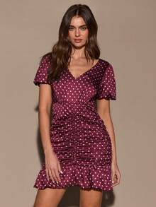 SHEIN BAE Women's Polka Dot Print Ruffle Elegant Short Sleeve Dress - Burgundy - View 4