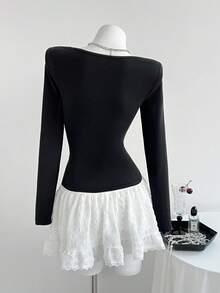 Elamini Spring Sweet Contrast Color Patchwork Bow Tie Slim Fit Long Sleeve T-Shirt - Black - View 2