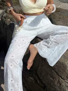 Livesso 女士弹力腰带烧花刺绣休闲百搭通勤阔腿裤 - 白色 - 查看 3