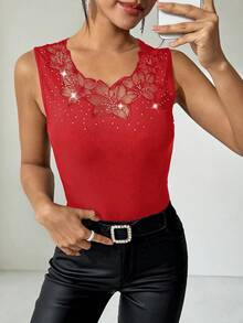 SHEIN Clasi Áo nữ dài tay màu đen gân sọc, đính đá lấp lánh, ôm dáng, thanh lịch, phong cách thường ngày. - Đỏ - Xem 6