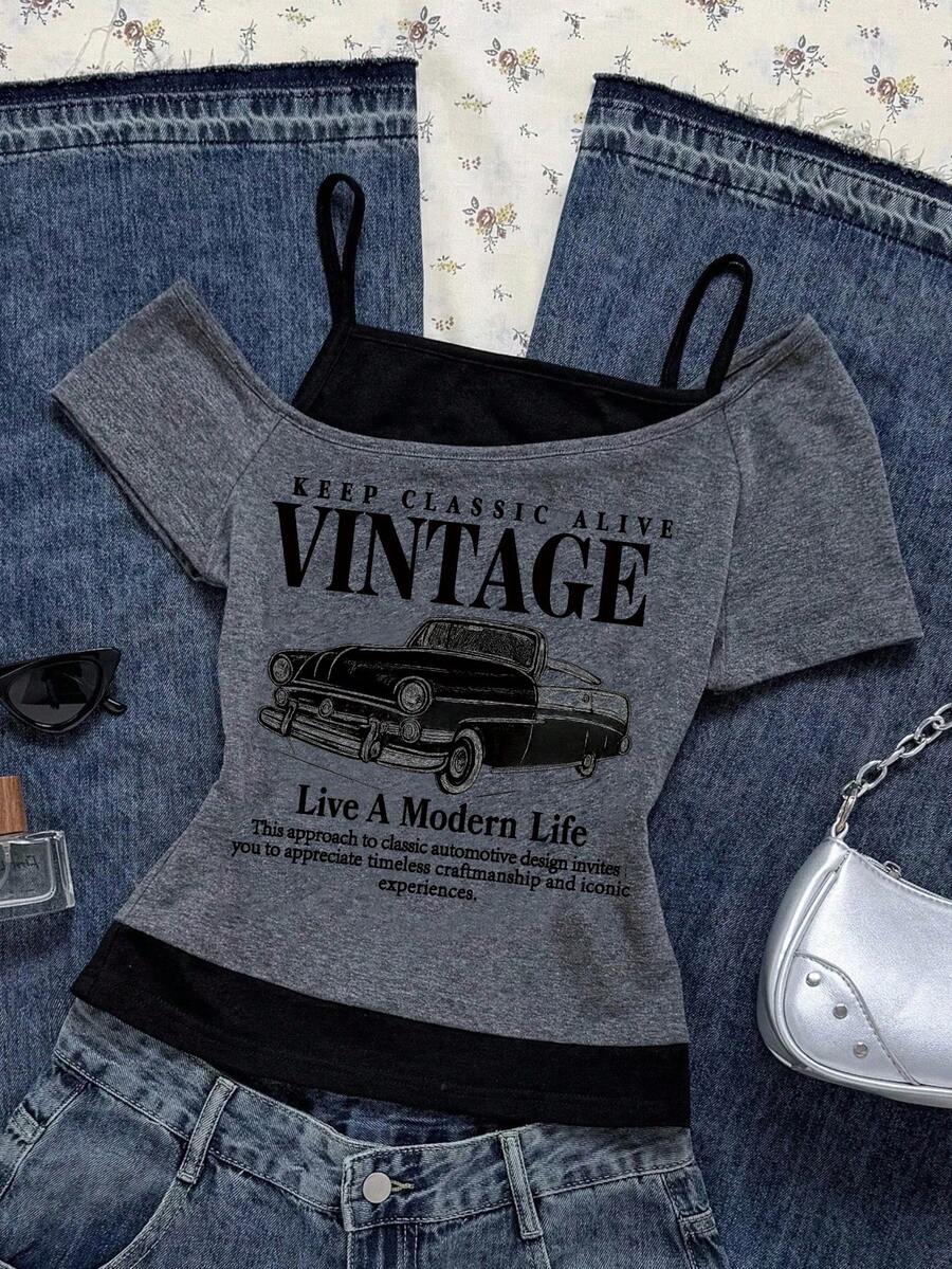 Camiseta de manga corta gris desgastada 2 en 1 para adolescentes, camiseta ajustada y delgada con estampado vintage de coche asimétrico y hombros descubiertos, estilo retro Y2K - Multicolor - Ver 1