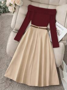 Franclia Women's Elegant Off-Shoulder Long Sleeve Top And A-Line Skirt Set - Burgundy - View 2