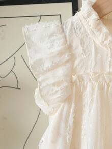 女童优雅圆领荷叶边短袖镂空刺绣提花双层荷叶边下摆休闲时尚公主裙，适合节日派对、度假、旅行、生日礼物等场合，夏季奶油色连衣裙，女童碎花蕾丝领连衣裙，象牙色女童连衣裙，米色女童连衣裙，女童象牙色碎花连衣裙 - 杏色 - 查看 6