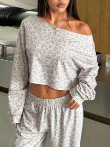 SHEIN EZwear Women's Leopard Print Oblique Shoulder Knit Sweatshirt - Grey - View 8