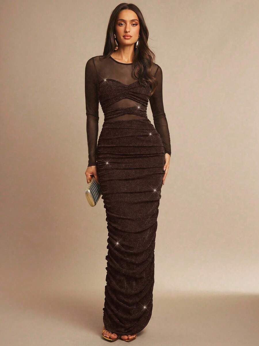 Silquee Gaun Malam Elegan Musim Gugur Hitam dengan Desain Jala, Model Bustier, dan Lengan Panjang Transparan dengan Detail Kerut untuk Wanita, Sempurna untuk Pesta Koktail, Klub Malam & Kencan - Coffee Brown - View 1