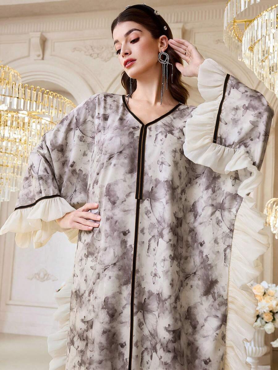 Yasmyna Modest Ruffle Hem Printed Arabic Style Dress For Women