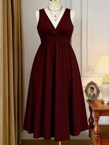 DreamSkyne Plus Size Black V-Neck Waist Pleated Knit Dress - Burgundy - View 1