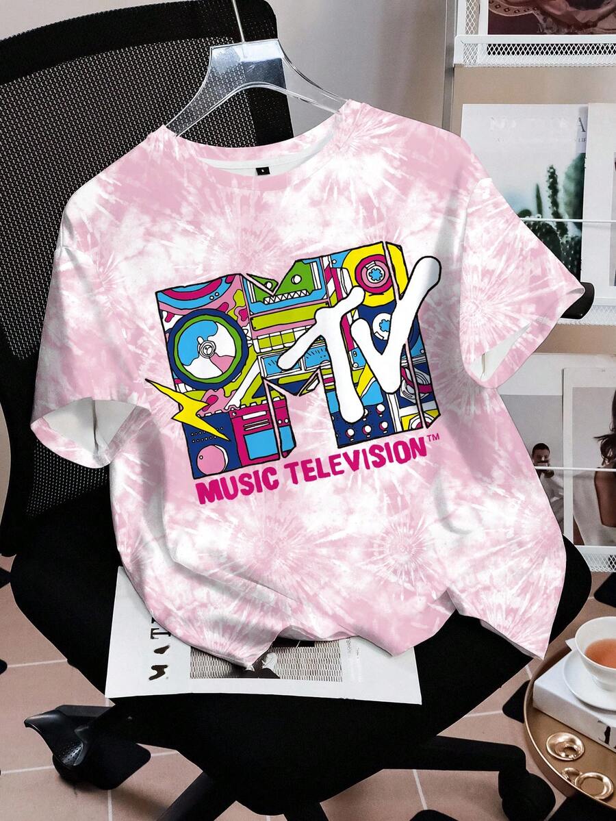 MTV | SHEIN 女士字母卡通图案圆领短袖T恤 - 白色 - 查看 1