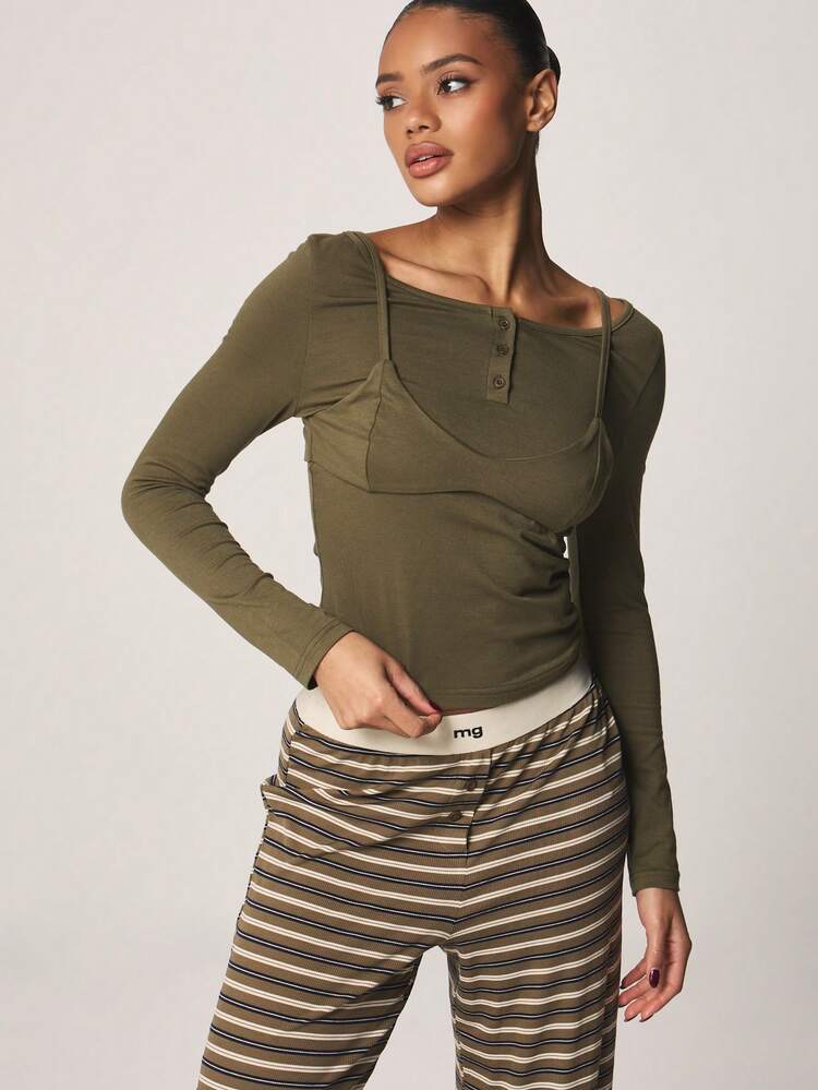 MISSGUIDED Olive Long Sleeve Overlay Bralette Top