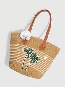 ROMWE Fairycore 1 Buah Tas Tote Wanita Bertema Liburan dengan Hiasan Kerang, Bintang, dan Mutiara, Tas Pantai Jerami Alfabet Kapasitas Besar, Cocok untuk Musim Semi/Panas - Khaki putih - View 3