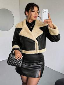 Firerie Plus Size Autumn/Winter Fashion Corduroy Composite Thermal Lining Black & White Contrast Color Short Loose Women Long Sleeve Black Jacket Coat; Suitable For Valentine's Day, Concerts, Performances, Parties, Weddings, Sexy, Elegant, Commuting, Back To School Season Jacket Y2k Coats For Women Women Plus Outerwear Women Women Faux Leather Jacket Shearling Jacket Plus Size Jacket