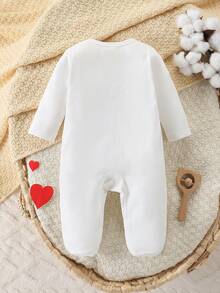 SHEIN Newborn Baby Simple English Letter Print Long Sleeve Footed Romper Jumpsuit, Black Background - White - View 2