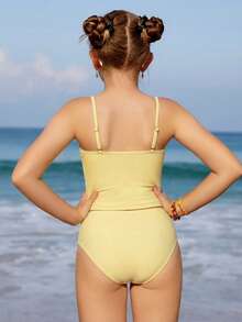 SHEIN Bộ 2 áo tắm cho bé gái, kiểu tankini in hình sinh vật biển dễ thương, thích hợp cho du lịch, nghỉ mát, đi biển mùa hè. - Màu vàng - Xem 2
